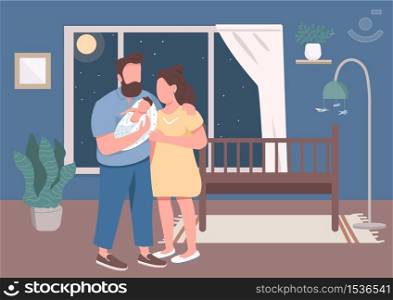 Young parents with infant flat color vector illustration. Man and woman hold newborn near cradle. Couple at home at night. Wife and husband with child 2D cartoon characters with interior on background. Young parents with infant flat color vector illustration
