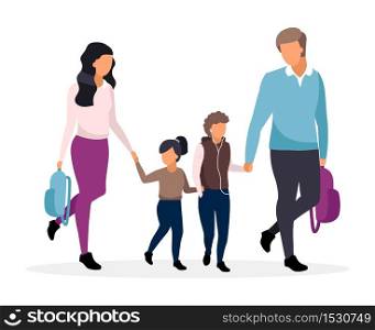 Young parents with school children flat vector illustration. Family going to school together and holding hands cartoon characters. Father and mother with two preteen kids. Schoolboy and schoolgirl