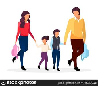 Young parents with schoolchildren flat vector illustration. Family going to school together cartoon characters. Father and mother with two preteen kids. Schoolboy and schoolgirl holding hands