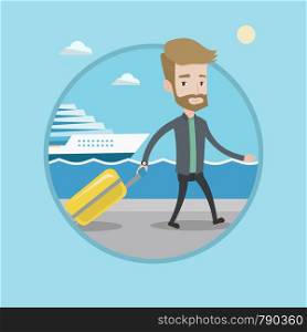 Young passenger with suitcase going to cruise liner at the pier station. Hipster man walking on the background of cruise liner. Vector flat design illustration in the circle isolated on background.. Passenger with suitcase going to shipboard.