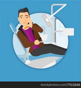 Young patient sitting at the chair at the dental office. Sad man suffering from tooth pain. Man having a toothache. Vector flat design illustration in the circle isolated on background.. Man suffering in dental chair.