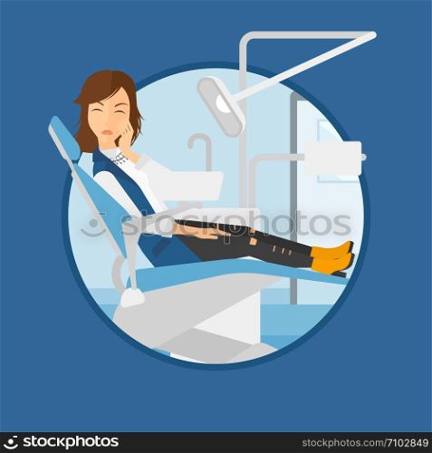 Young patient sitting at the chair at the dental office. Sad woman suffering from tooth pain. Woman having a toothache. Vector flat design illustration in the circle isolated on background.. Woman suffering in dental chair.