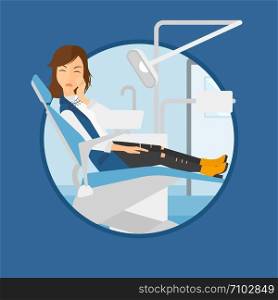 Young patient sitting at the chair at the dental office. Sad woman suffering from tooth pain. Woman having a toothache. Vector flat design illustration in the circle isolated on background.. Woman suffering in dental chair.