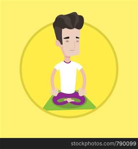 Young peaceful man meditating in yoga lotus pose. Caucasian man relaxing in the yoga lotus position. Sportsman doing yoga on mat. Vector flat design illustration in the circle isolated on background.. Man meditating in lotus pose vector illustration.