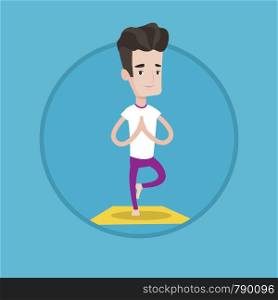 Young peaceful man standing in yoga tree pose. Caucasian man meditating in yoga tree position. Sportsman doing yoga on mat. Vector flat design illustration in the circle isolated on background.. Man practicing yoga tree pose vector illustration.