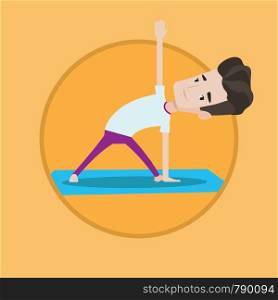 Young peaceful man standing in yoga triangle pose. Caucasian man meditating in yoga triangle position. Man doing yoga on mat. Vector flat design illustration in the circle isolated on background.. Man practicing yoga triangle pose.
