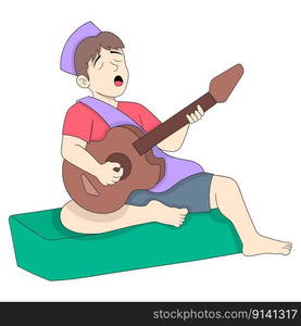 young people are waiting for the time to break their fast by playing guitar and singing. vector design illustration art