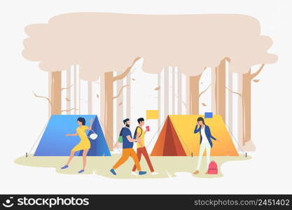 Young people at campsite in wood vector illustration. Picnic, outdoor weekend, festival. Tourism concept. Design for website templates, posters, banners