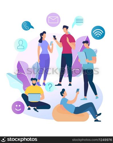 Young People Characters Chatting in Social Networks. Man and Woman Communicating Online with Mobile Devices, Tablet, Laptop, Smartphones. Social Media Icons Around. Cartoon Flat Vector Illustration. Young People Characters Chatting in Social Network