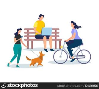 Young People Characters Isolated on White Background. Summer Time Activity. Woman Walking with Dog, Man Working on Laptop Sitting on Bench. Girl Riding Bicycle. Cartoon Flat Vector Illustration.. People Characters Isolated on White Background.
