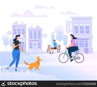 Young People Characters Walking in City. Woman Walk with Dog, Man Working on Laptop Sitting on Bench. Girl Riding Bicycle on Urban Background. Summer Time Activity. Cartoon Flat Vector Illustration.. Young People Characters Walking in City. Lifestyle