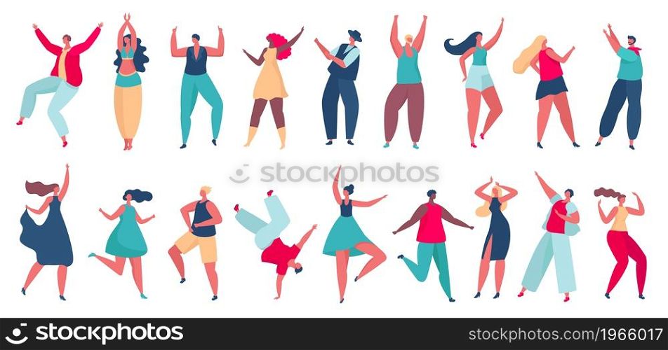 Young people dancing, happy characters in dance poses having fun. Men and women dancer characters at club or party celebration vector set. Excited active adults spending leisure time