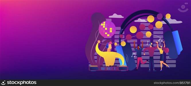 Young people dancing in night club, listening to music, DJ concert. Silent disco, headphones party, quiet rave party, silent disco equipment concept. Header or footer banner template with copy space.. Silent disco concept banner header.