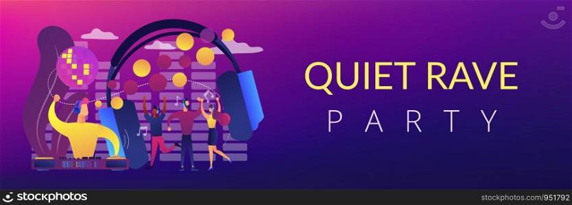 Young people dancing in night club, listening to music, DJ concert. Silent disco, headphones party, quiet rave party, silent disco equipment concept. Header or footer banner template with copy space.. Silent disco concept banner header.
