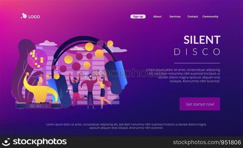 Young people dancing in night club, listening to music, DJ concert. Silent disco, headphones party, quiet rave party, silent disco equipment concept. Website homepage landing web page template.. Silent disco concept landing page.