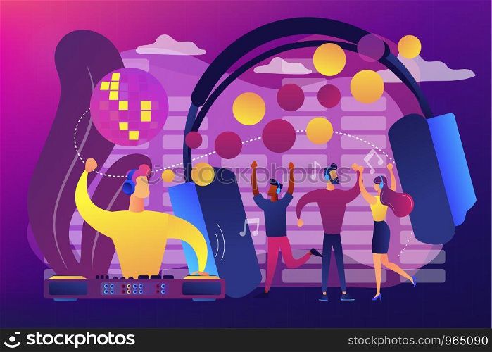 Young people dancing in night club, listening to music, DJ concert. Silent disco, headphones party, quiet rave party, silent disco equipment concept. Bright vibrant violet vector isolated illustration. Silent disco concept vector illustration.