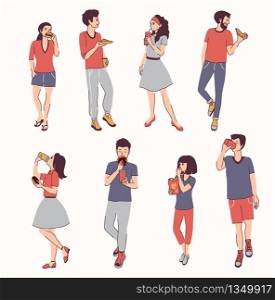 Young people eating fast food including pizza, burgers and donuts. Flat style, hand drawn vector illustration.