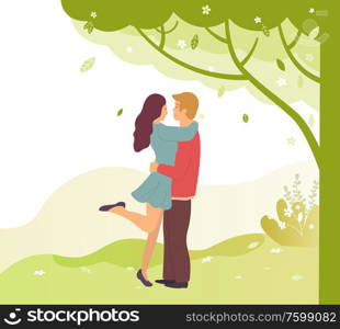 Young people embarrassing in green spring park. Vector cartoon characters male and female standing on one leg and gently hugging each other. Couple in love. Young People Embarrassing in Spring Park Vector