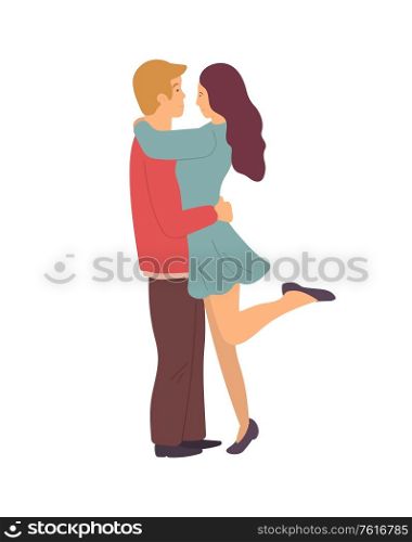 Young people embarrassing isolated on white. Vector cartoon characters male and female standing on one leg and gently hugging each other. Couple in love. Young People Embarrassing Isolated on White Vector