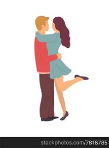 Young people embarrassing isolated on white. Vector cartoon characters male and female standing on one leg and gently hugging each other. Couple in love. Young People Embarrassing Isolated on White Vector