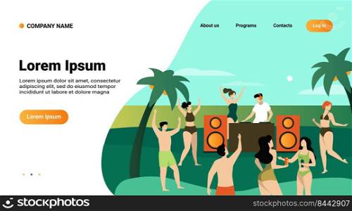 Young people enjoying tropical sunset party with DJ. Girls and guys wearing swimsuits dancing to music on beach. Vector illustration for summer vacation, friendship, fun concept