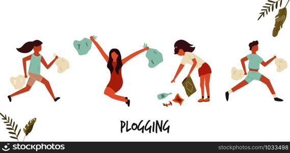Young people girl doing plogging. Eco lifestyle. Green activity. Vector illustration. Young people girl doing plogging. Eco lifestyle.