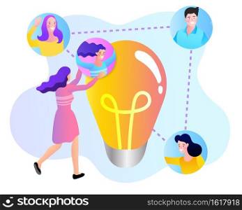 Young people have idea. Business man and woman, colleagues, work together. Great idea is in form of a light bulb. vector illustration.