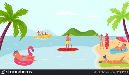 Young people having summer vacations on beach. Men floating on flamingo ring, drinking cocktail and lying under umbrella. Women reading book, holding surfboard. Characters riding on banana vector. Young people having summer vacations on beach. Men floating on flamingo ring, drinking cocktail and lying under umbrella