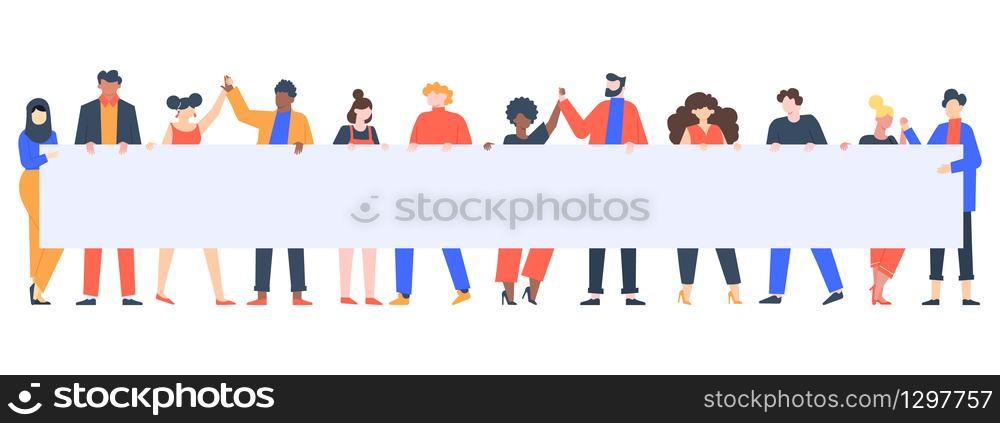 Young people holding banner. Activists group with empty placard, peaceful rights protest, manifestation march isolated vector illustration. Young people holding banner. Activists group with empty placard, peaceful rights protest, manifestation march isolated vector illustration set