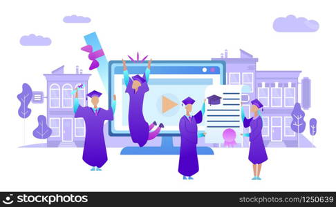 Young People in Academic Cap and Gown Hold Diploma On Huge Monitor and University Building Background. Group Of Graduation Students. Cartoon Guys and Girls Celebrating. Flat Vector Illustration. Young People in Academic Cap Graduate University