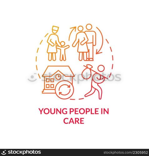 Young people in care red gradient concept icon. Homelessness among young people abstract idea thin line illustration. Ongoing unsettled experiences. Isolated outline drawing. Myriad Pro-Bold font used. Young people in care red gradient concept icon