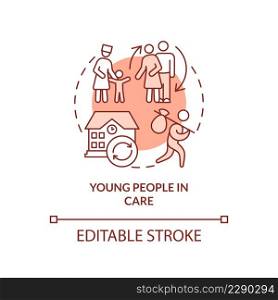 Young people in care terracotta concept icon. Living alone at younger age abstract idea thin line illustration. Isolated outline drawing. Editable stroke. Arial, Myriad Pro-Bold fonts used. Young people in care terracotta concept icon