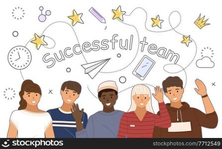 Young people in casual clothes, successful team inscription. Friends guy and girl on the background with stickers. Smiling man and woman standing straight waiving hands hello. Colleagues portrait. Young people in casual clothes, successful team. Smiling man and woman waiving hands hello