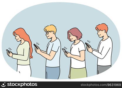 Young people in line with smartphones in hands addicted to gadgets. Men and women with addiction to cellphones. Technology and modern world. Vector illustration.. People addicted to cellphones