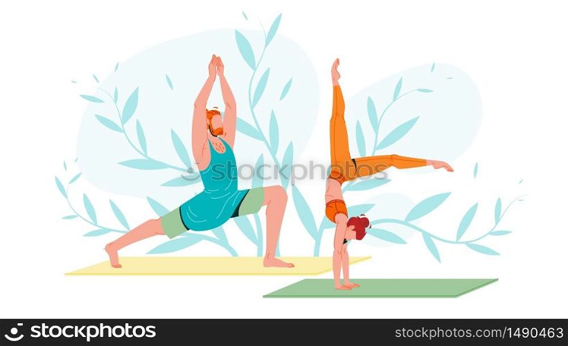 Young People In Sportswear Practicing Yoga Vector. Characters Man In Warrior Pose And Sporty Flexible Woman Handstand Yoga Exercise With Splitted Legs. Relaxation And Balance Flat Cartoon Illustration. Young People In Sportswear Practicing Yoga Vector
