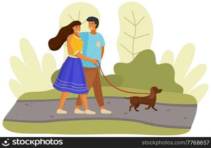 Young people in sunny day with little dog in city park. Happy woman holds dog leash. Outdoor activity leisure in garden. People in love walk on fresh air. Owners in relationship walk with pet. Happy couple of people in sunny day walks with dog in park. Owners in relationship walk with pet