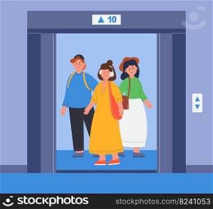Young people inside lift with open door flat vector illustration. Women and man listening to music, smiling and waiting for elevator doors to close Transportation, society concept