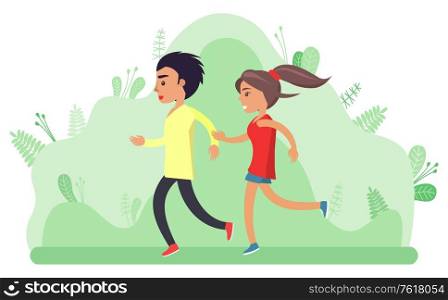 Young people jogging vector, woman and man caring for health. Active lifestyle of youth, park with foliage and plants. Female and male students flat style. Boy and Girl, Teenagers Jogging People Vector