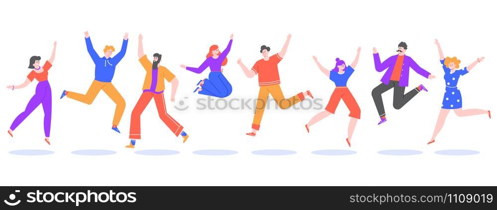 Young people jump. Jumping students, excited, smiling group of happy teenagers, joyful young people jumped together isolated vector illustration. Successful male and female winners cartoon characters. Young people jump. Jumping students, excited, smiling group of happy teenagers, joyful young people jumped together isolated vector illustration. Successful male and female winners flat characters