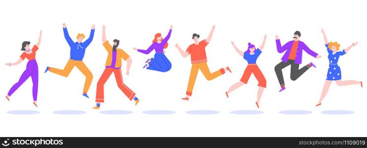 Young people jump. Jumping students, excited, smiling group of happy teenagers, joyful young people jumped together isolated vector illustration. Successful male and female winners cartoon characters. Young people jump. Jumping students, excited, smiling group of happy teenagers, joyful young people jumped together isolated vector illustration. Successful male and female winners flat characters
