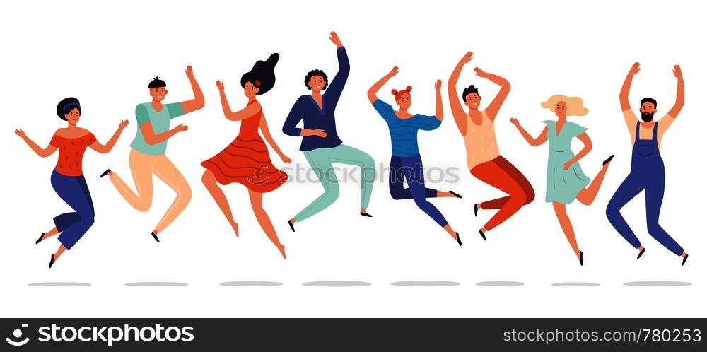 Young people jump. Jumping teenagers group, happy teen laughing students and smiling excited people. Freedom human team, student characters group success happiness jumped flat vector illustration. Young people jump. Jumping teenagers group, happy teen laughing students and smiling excited people flat vector illustration