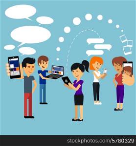 Young people man and woman using technology gadget smartphone mobile phone tablet pc laptop computer in social network communication concept flat design cartoon style with copyspace