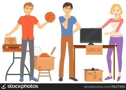 Young people managing garage sale. Unnecessary things. TV household and sport items lying on table. Flea market concept flat design vector. Garage sale event for sale used goods. Flat cartoon. Garage Sale, Household and Sport Items Vector