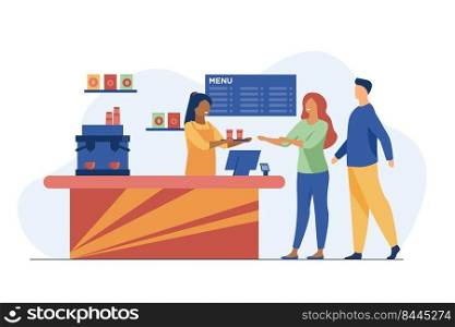 Young people ordering takeaway coffee in cafe. Barista, chat, network flat vector illustration. Hot beverages and service concept for banner, website design or landing web page