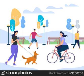 Young People Performing Summer Sports and Leisure Outdoor Activities in City Park. Girl Riding Bicycle, Woman Walking with Funny Dog, Men Passing By Trees. Colorful Cartoon Flat Vector Illustration.. Young People Performing Summer Outdoor Activities