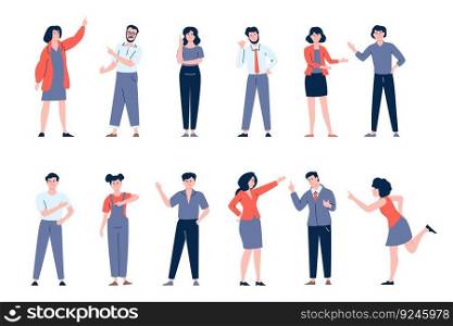 Young people point on something, show direction. Isolated characters hand and finger up, pointing and showing. Recent vector business person set. Illustration of pointing man and woman. Young people point on something, show direction. Isolated characters hand and finger up, pointing and showing. Recent vector business person set
