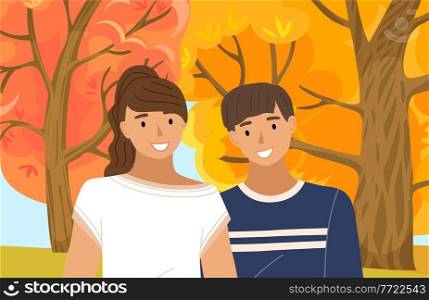 Young people portrait against the background of autumn trees. Friends guy and girl, couple in love. Smiling man and woman standing straight. Married couple husband and wife. Colleagues portrait. Young people portrait against the background of autumn trees. Friends guy and girl, couple in love