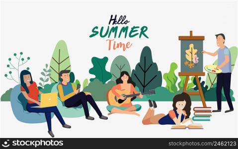 Young people read books, draw pictures, and study from laptops. and smartphone in the park landscape background summer vacation time back to school, education, learning, education vector concept.