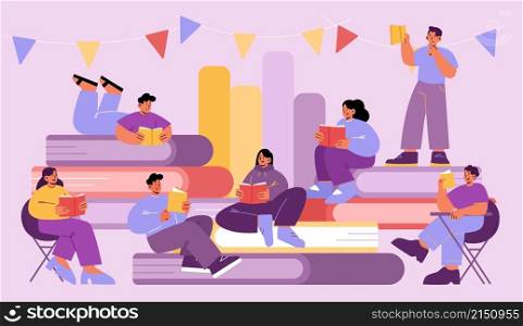 Young people read books in library. Students study in school, college or university. Vector flat illustration of men and women sitting on stack of big books and reading. Young people read books in library