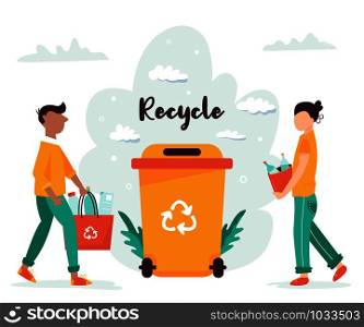 Young people recycle the garbage. Environmental motivational poster. Vector flat illustration. Young people recycle garbage. Motivational poster